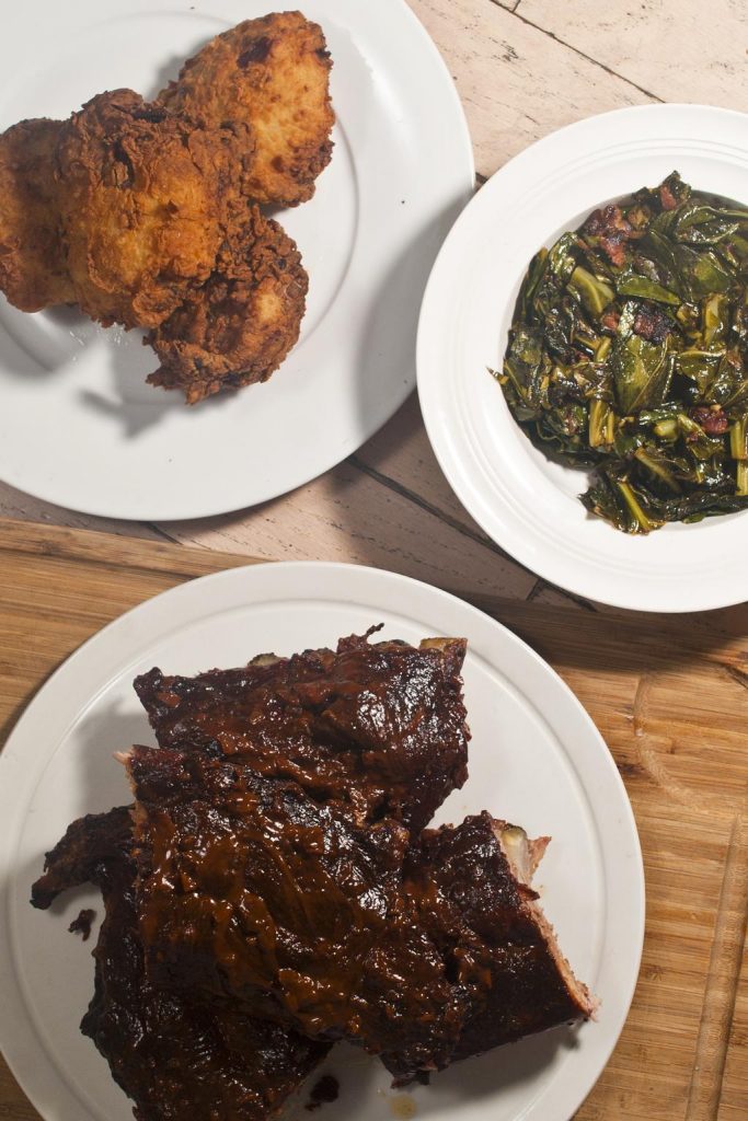 Chocolate Chipotle Ribs, Southern Fried Buttermilk Chicken and Collard Greens with Bacon