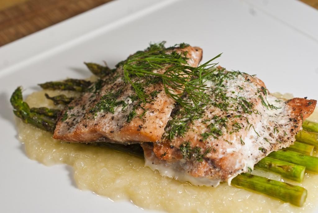 Dill Baked Salmon with Asparagus on Onion Soubise