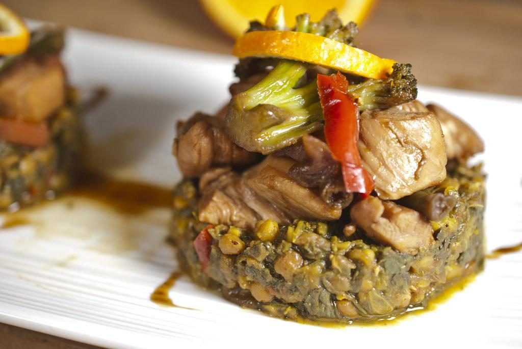 Orange Teriyaki Chicken on Palak Daal