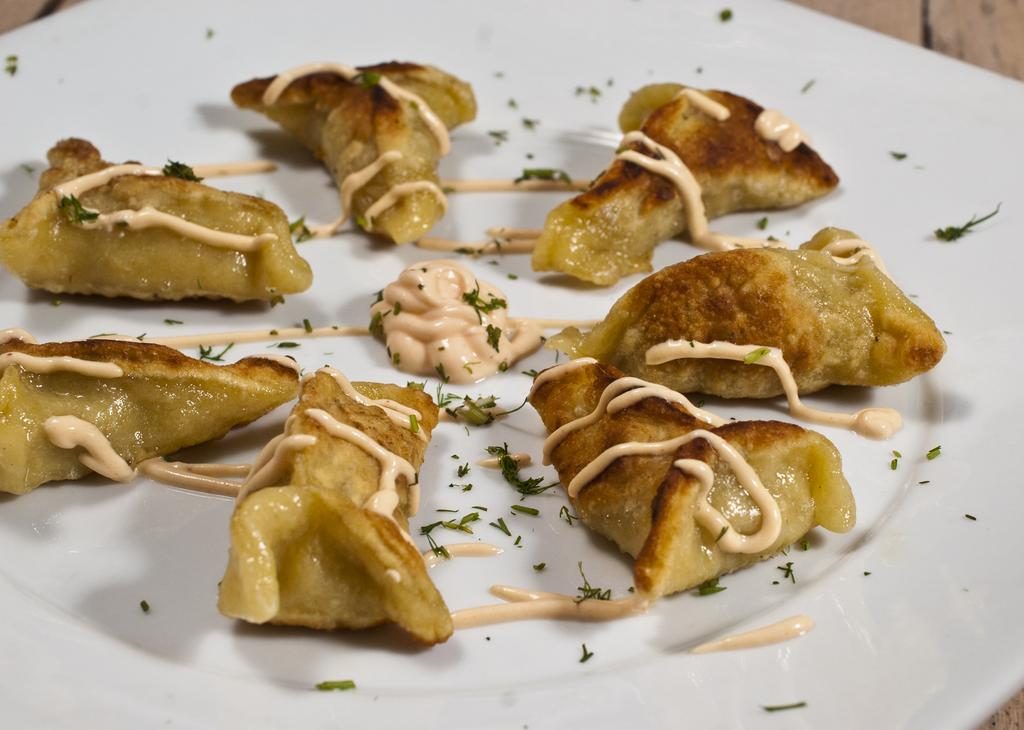 Pan Fried Chicken and Dill Kreplach with Sriracha Yogurt