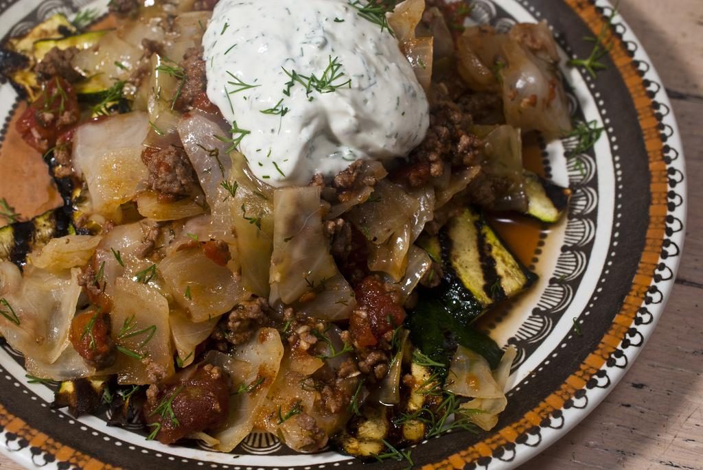 De-constructed Cabbage Roll on Grilled Zucchini with Dill Infused Sour Cream