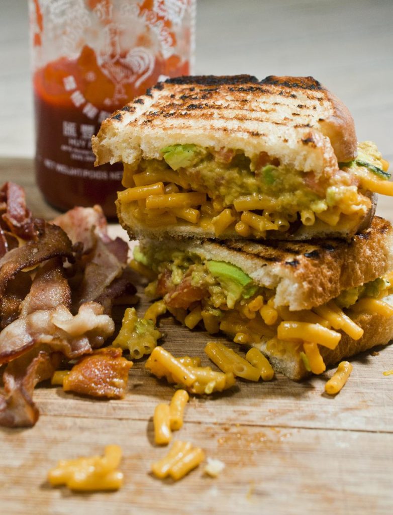 Toasted Bacon KD and Sriracha Guacamole And The Bread Is Brushed with Bacon Grease and There’s More Bacon On The Side Sandwich