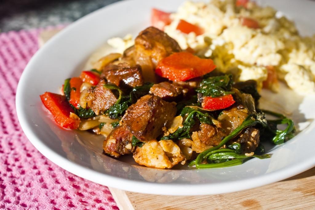 Potato Chorizo Hash with Spinach and Red Peppers