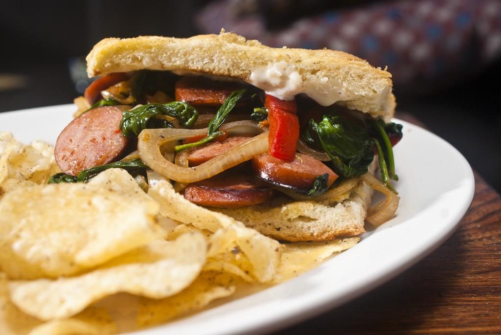 Garlicky Sausage And Sauteed Vegetable Sandwich