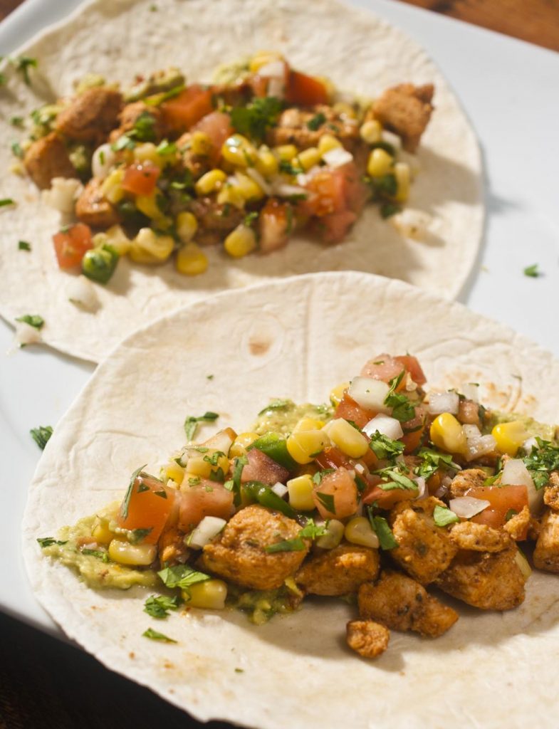 Smoky Chicken Tortillas With corn salsa and sun dried tomato guacamole