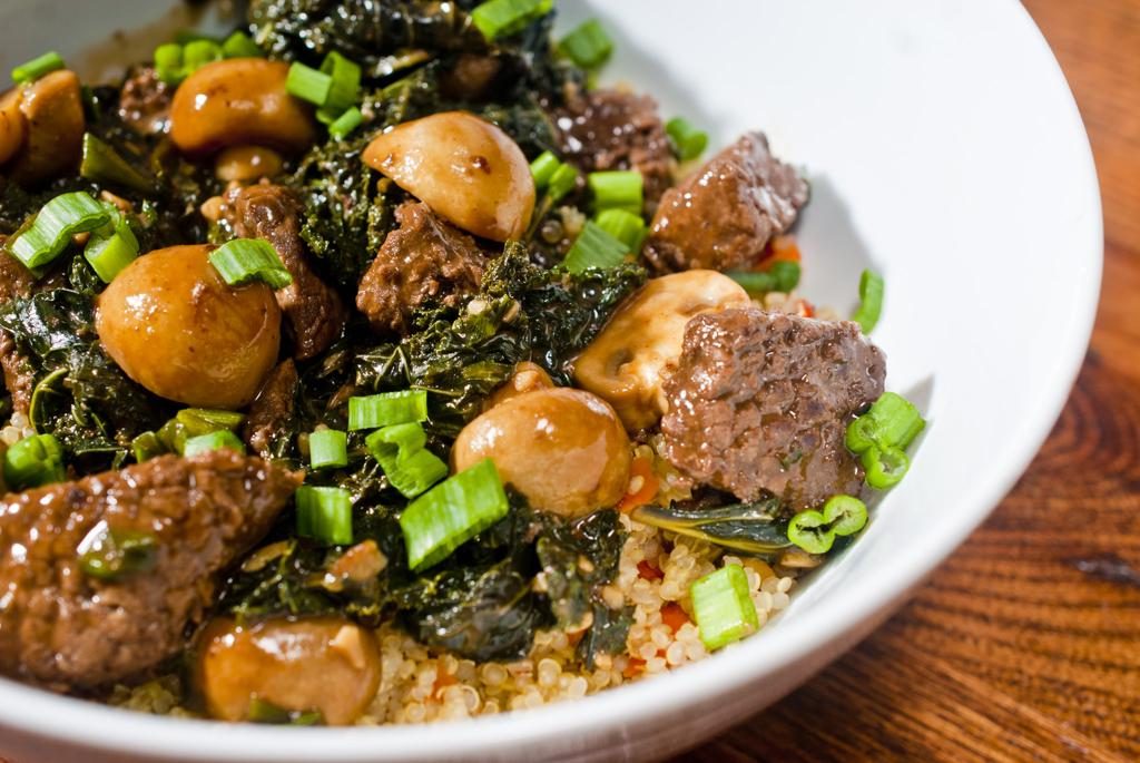 Ginger Beef with Button Mushrooms and Kale on Quinoa