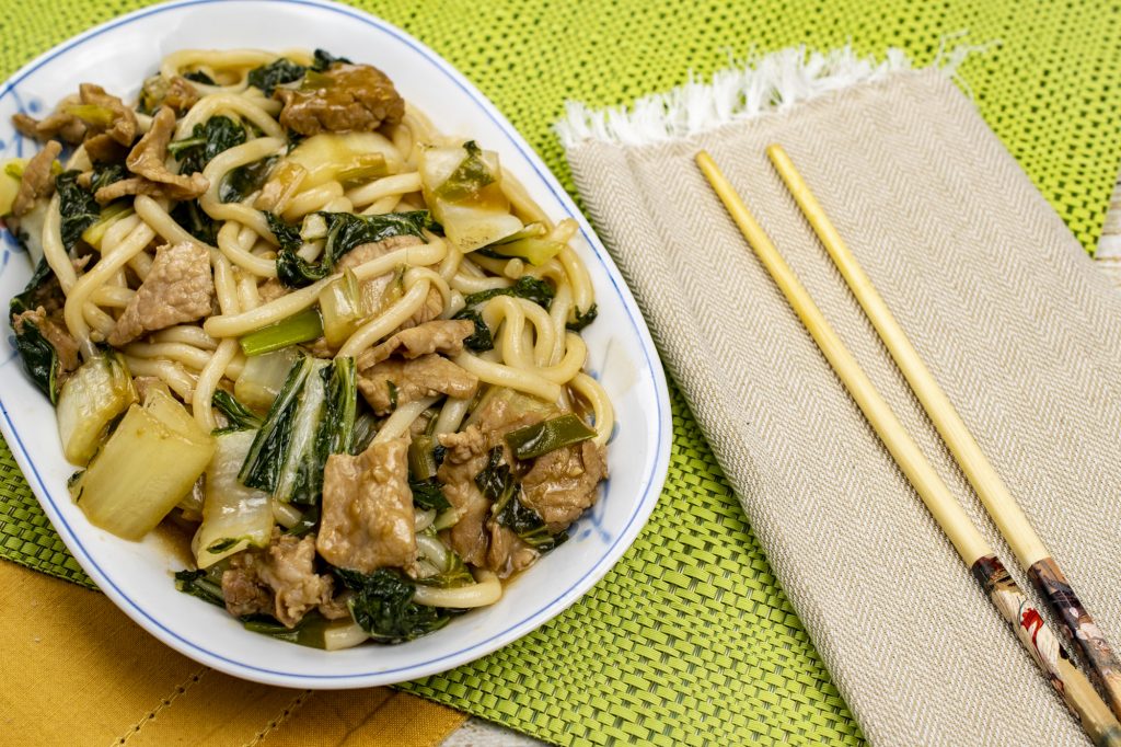 Udon Noodles with shaved pork, bok choy and green onion