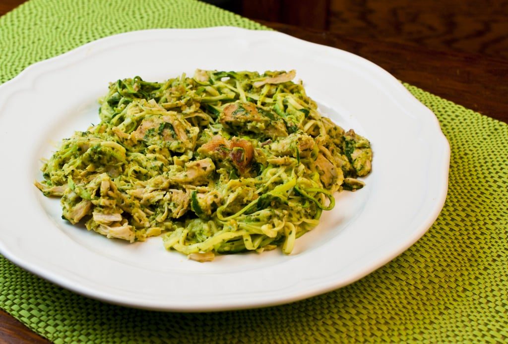 Zucchini Noodles with Roast Chicken in Chickpea Pesto