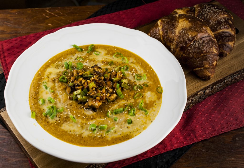 Roasted Butternut Squash and Carrot Soup with Chili Garlic Mushrooms