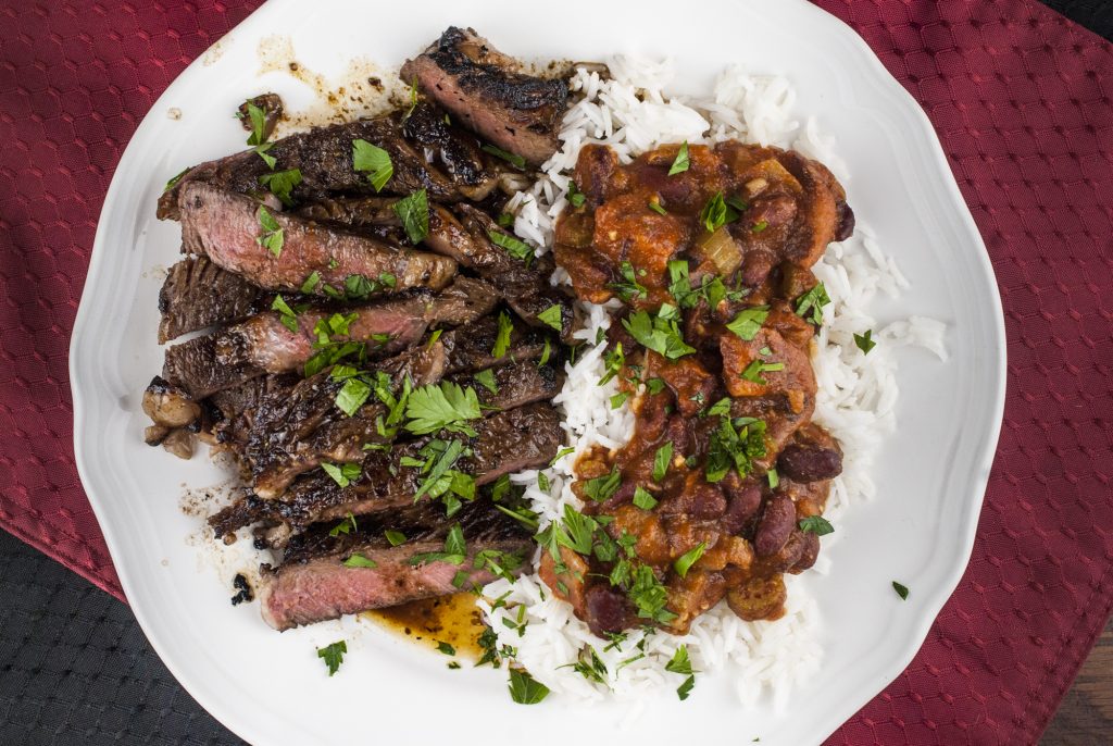 Cajun Bourbon Rib Eye with Red Beans and Rice