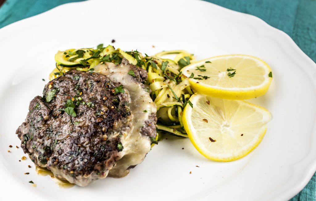 Havarti Stuffed Burgers with Lemon and Garlic Zucchini Noodles