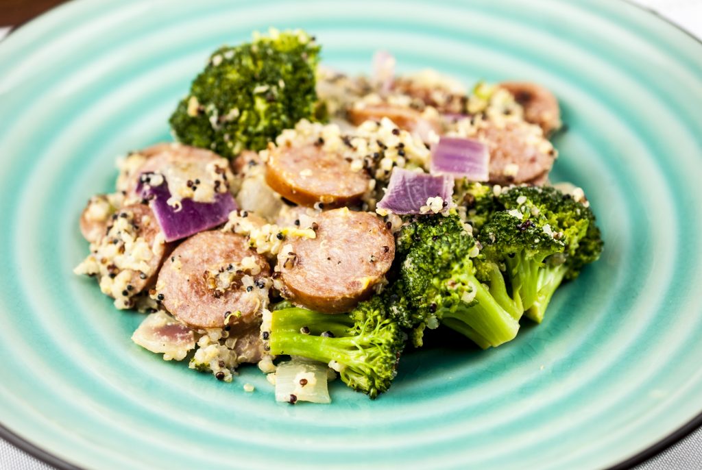 Cheesy Smoked Sausage and Veggies on Quinoa