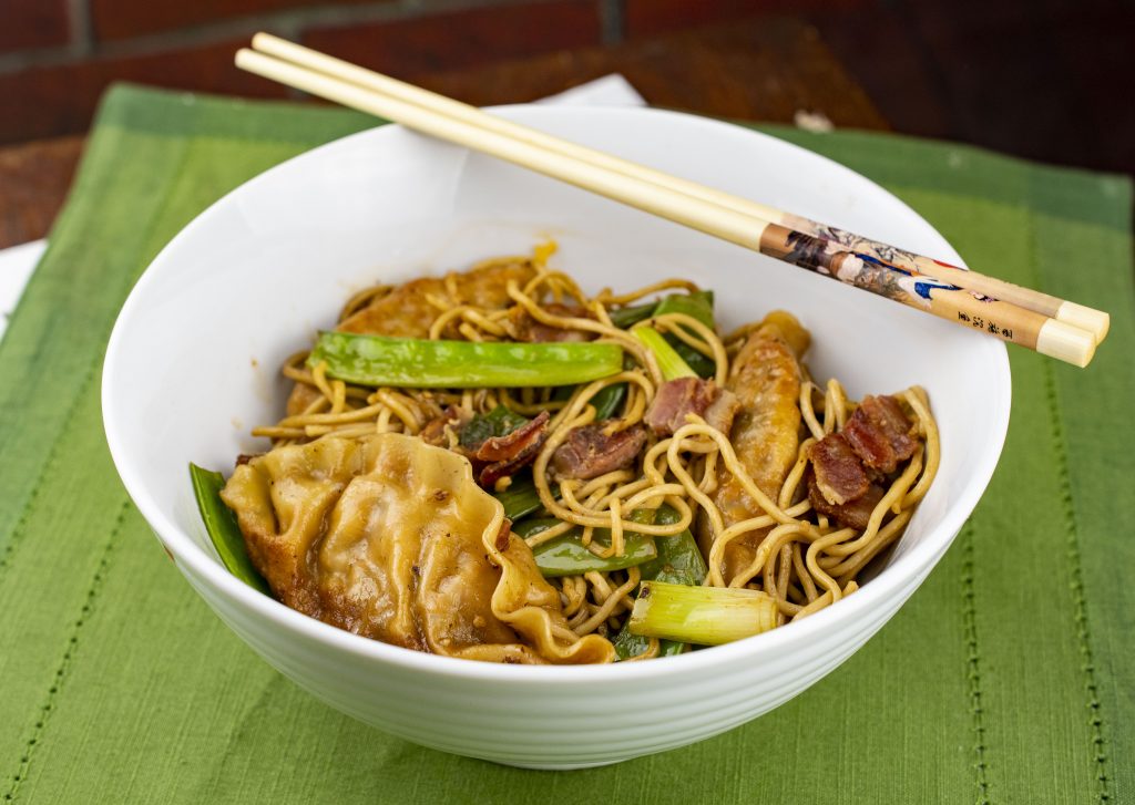 One Pot Bacon Fried Dumplings and Noodles