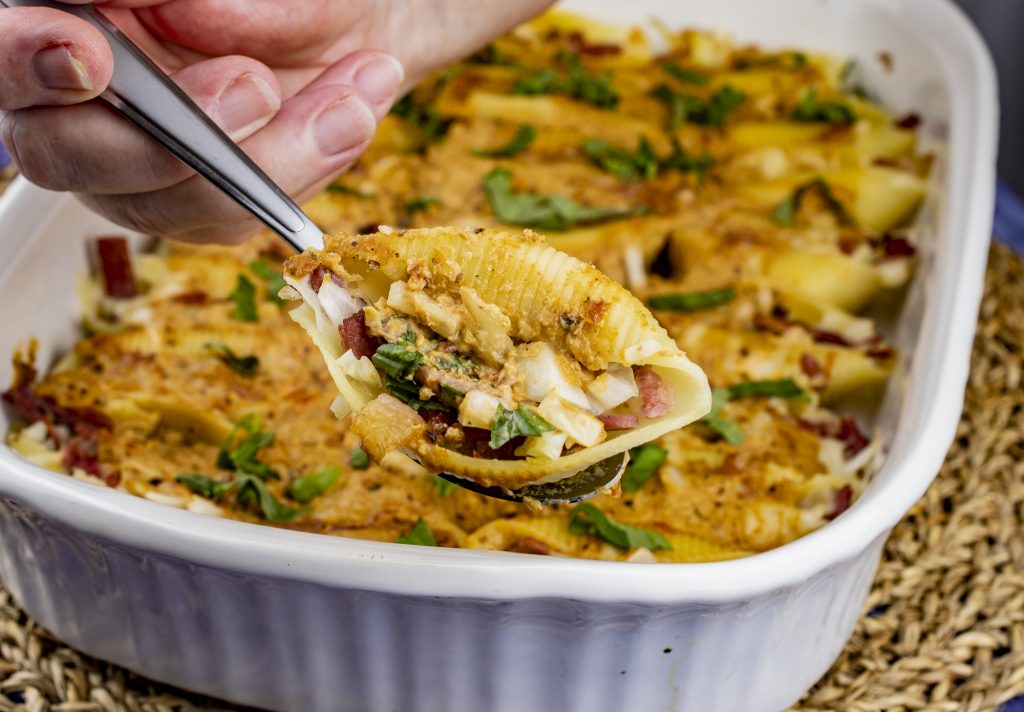 Smoked Meat and Cabbage Stuffed Shells in Sun Dried Tomato and Dijon Sauce