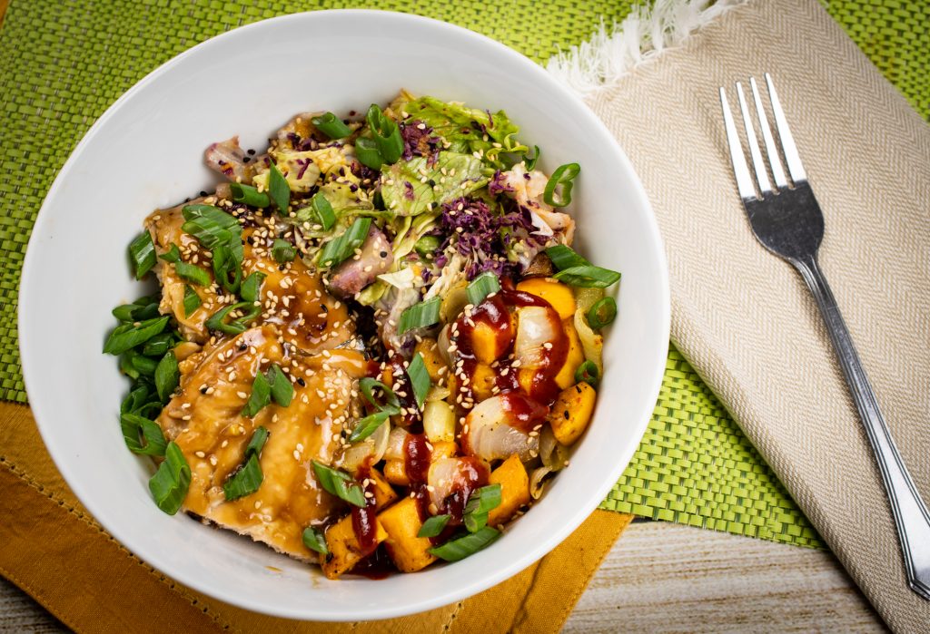Teriyaki Glazed Salmon Bowl With Roasted Sweet Potato