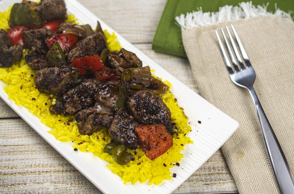 Deconstructed Shish Kabob in Red Wine Pan Sauce