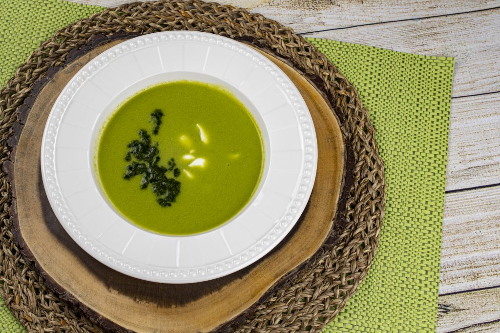 Leek and Pea Soup with Basil Oil and Sour Cream