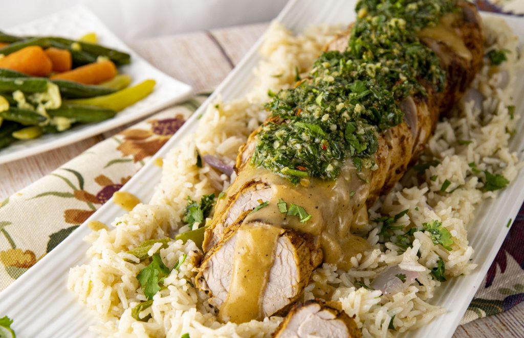 Roasted Pork Loin with Pan Sauce and Mint Chimichurri